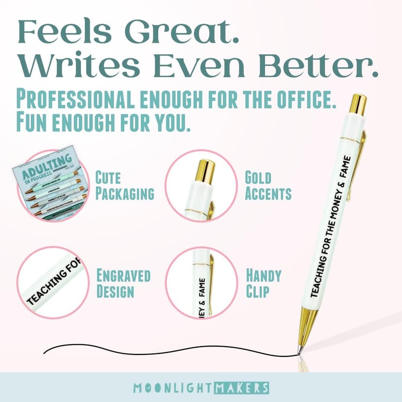 Engraved Funny Pens for Adults, Appreciation Gifts, Ideal Desk Decor for Work and Office Desk, Cute Packaging, Handy Clips Moonlight Makers Ballpoint Pens Black Ink, Set of 5, Adulting in Progress B0FLSB39H6