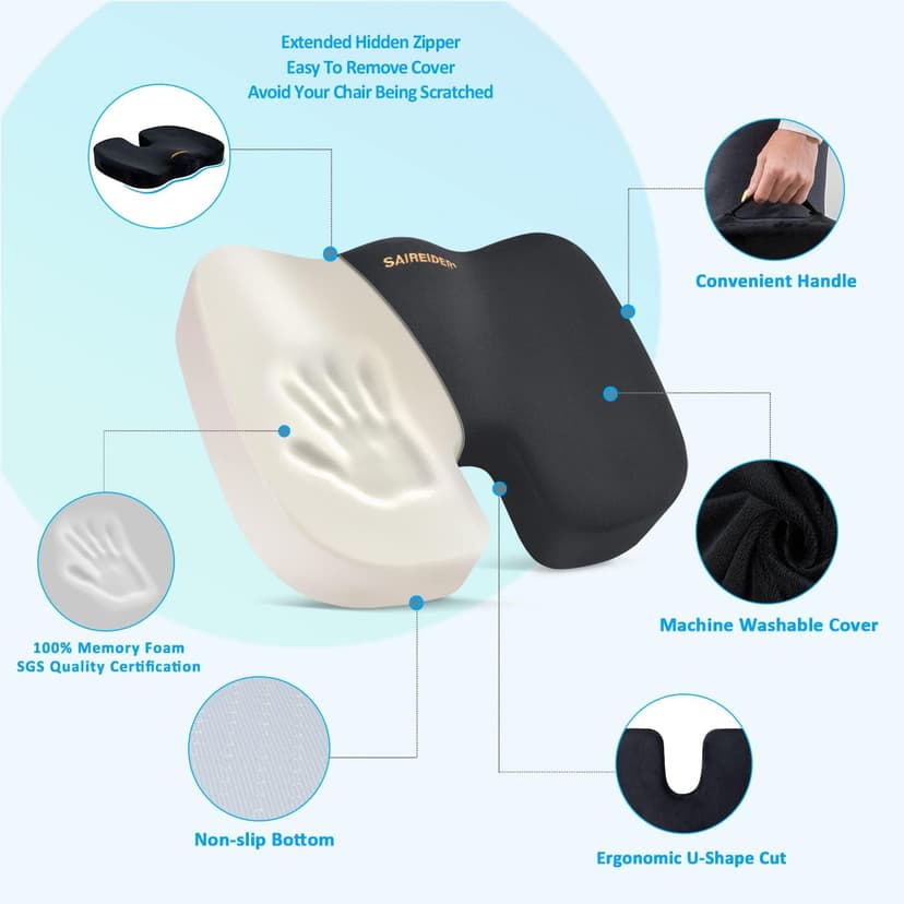 SAIREIDER Seat Cushion and Lumbar Support Pillow for Office Chair, Memory Foam Car Seat Cushions Back Support Pillows, Help Relieve Pain of Back, Lumbar, Tailbone and Sciatic Nerve(Black)
