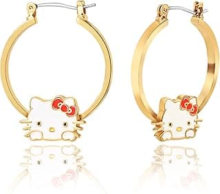 Hello Kitty Hoop Earrings for Women Official License, Gold Tone Flash-Plated and Enamel Sanrio Earrings