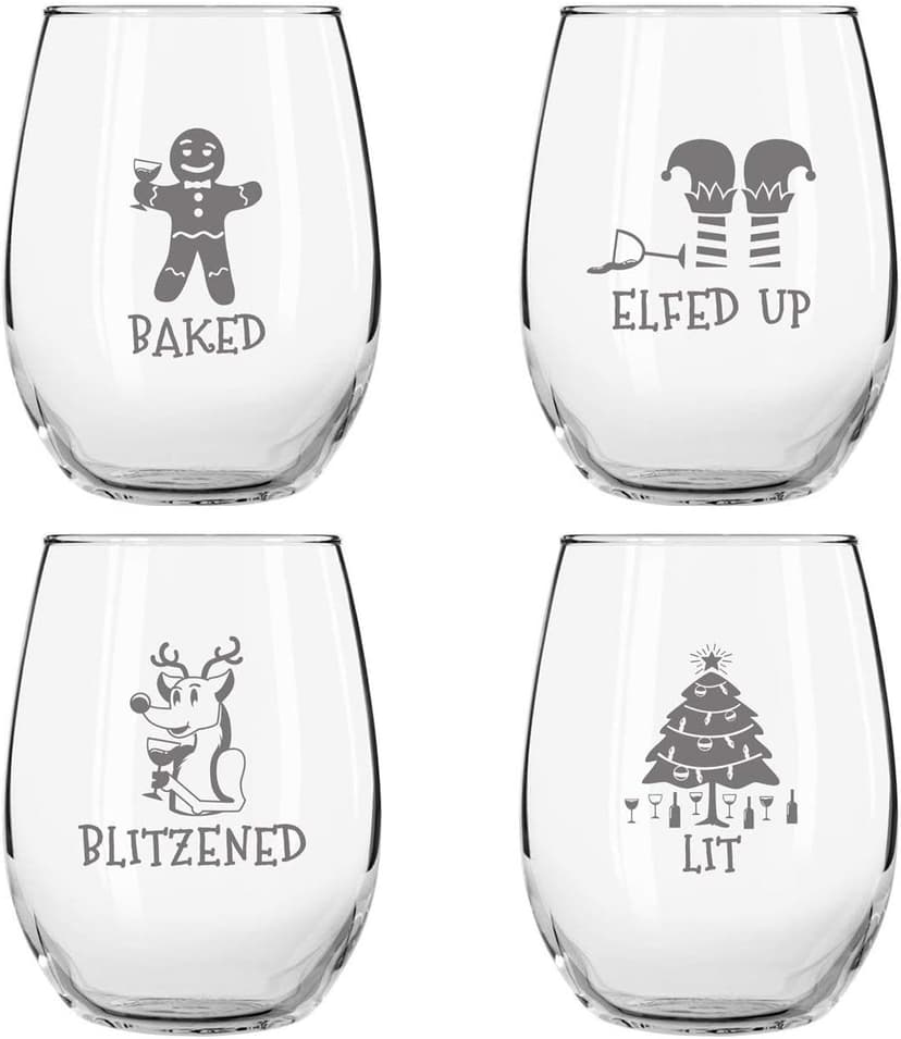 Drunk Christmas Funny Stemless Wine Glasses Set of 4 | Hilarious Christmas Themed Wine Glass for Holiday Party | 4 Designs | 15 oz Cheerful Party Cups & Gift Exchange Idea for White Elephant, Xmas