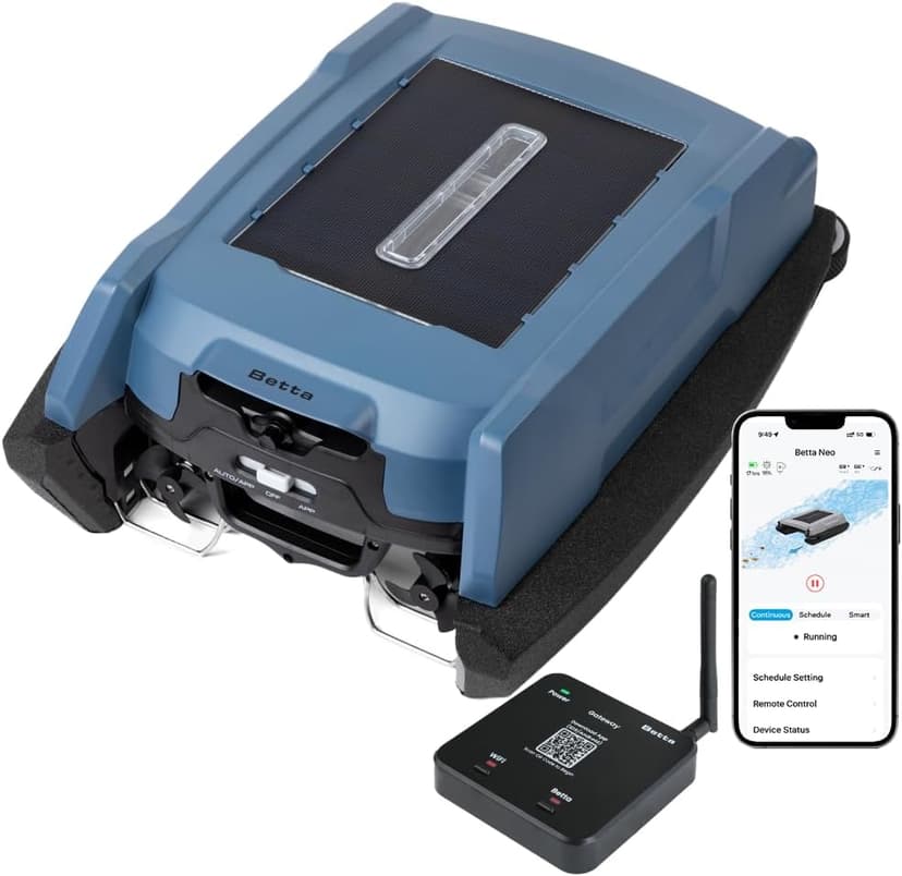 Betta Neo Solar-Powered Robotic Pool Skimmer with App Control & Ultra Long-Range Gateway System, Weather-Adaptive & Scheduled Cleaning, Dual Charging Options, for In-Ground & Above-Ground Pools (Blue)