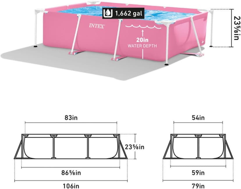 Intex 28266EH 7'L x 5'W x 23-5/8"H Rectangular Metal Frame Above Ground Outdoor Backyard Swimming Pool, 439 Gallons of Water, Pink