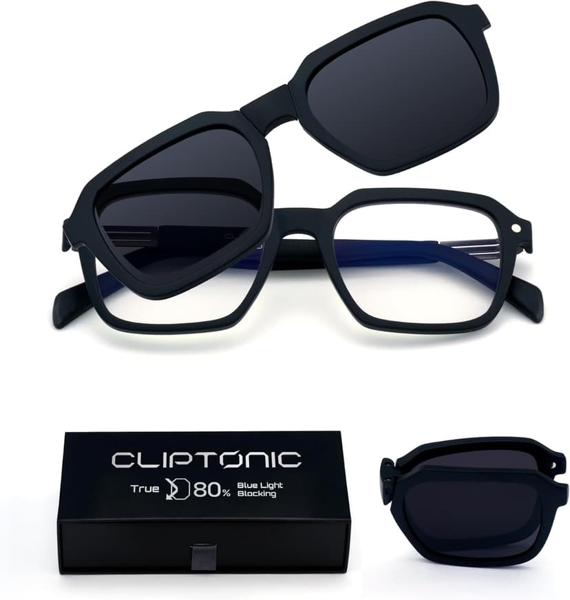 2-in-1 Magnetic Clip- On Blue Light Blocking Glasses – Hexagon Frame + Polarized UV400 Clip, TR90, Anti-Reflective