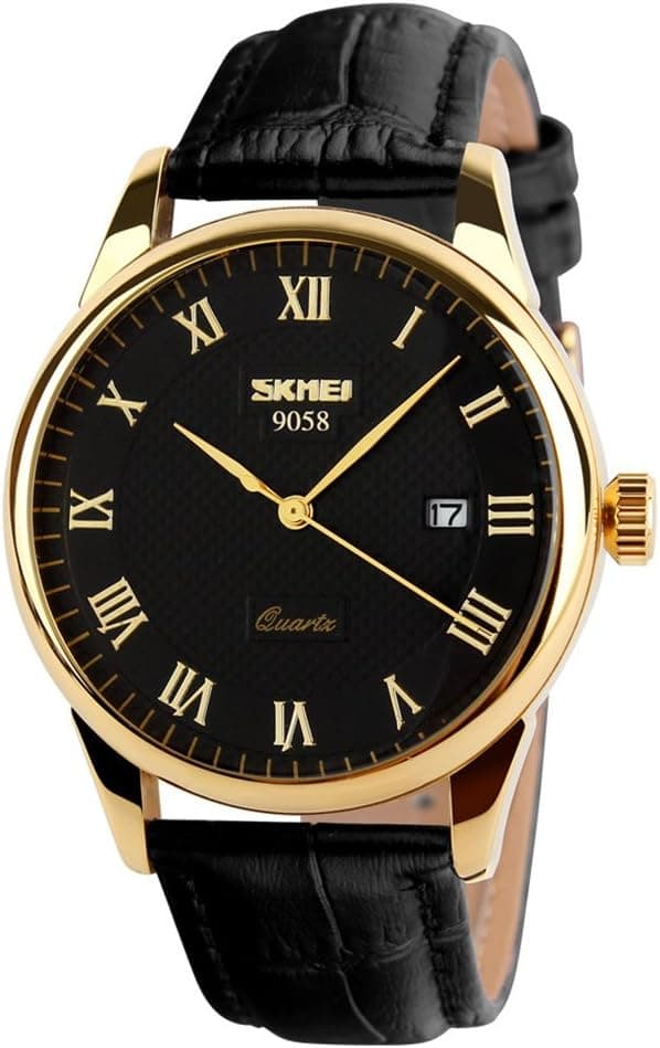 SKMEI Business Men’s Quartz Wristwatches Roman Numeral Leather Band Casual Water Resist Analog Watches