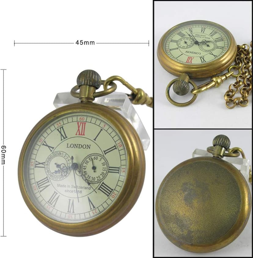 VIGOROSO Men's Vintage Full Copper Hand-Wind Mechanical Second&24hours Sub-dials Pocket Watch in Box