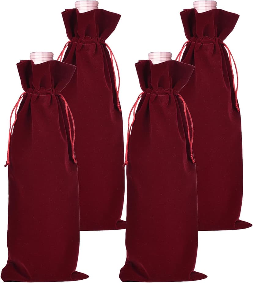 BOOPANREE 4 Pcs velvet wine bags, Wine Champagne Gift Bag With Drawstring,red Wine Drawstring Bottle Bags cloth for housewarming/party/birthday/wedding/bottle decoration bag (Wines Red)