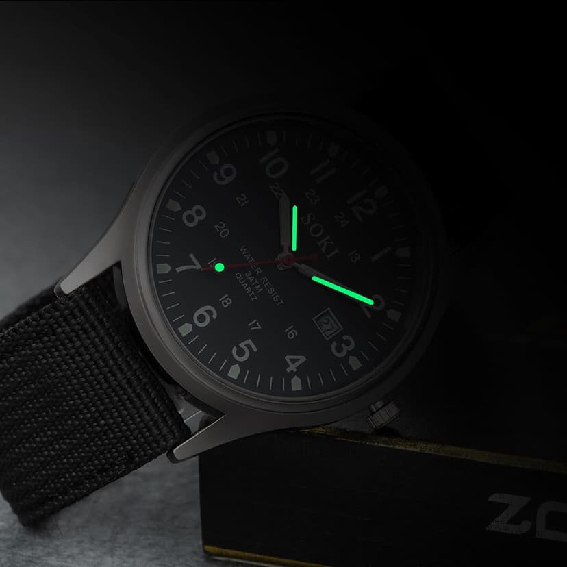 Lancardo Simplicity Analog Quartz Watch with Woven Nylon Band Luminous Hand Military Time 24H (Black) for Men