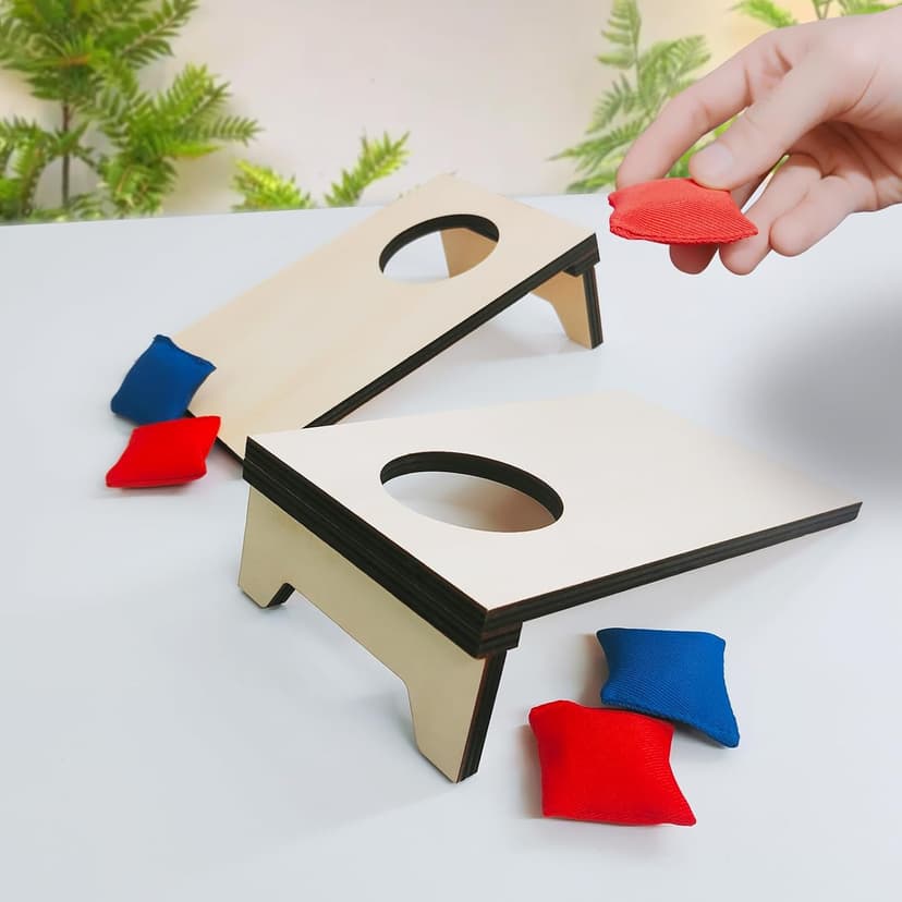 2PCS Mini Tabletop Cornhole Boards, 4.7" W x 7.7" L Wooden Desktop Toss Game with 8 Bean Bags, Portable Game Set for Travel Home