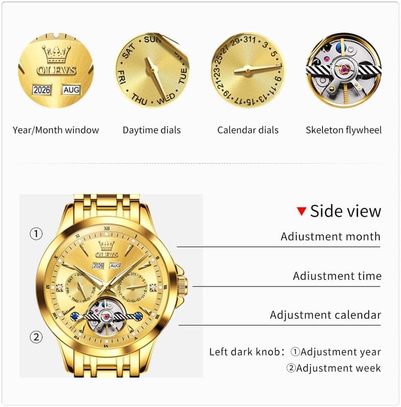 OLEVS Automatic Watches for Men Luxury Skeleton Multi-Function Mechanical Watch Self Winding Date Waterproof Luminous Mens Watch