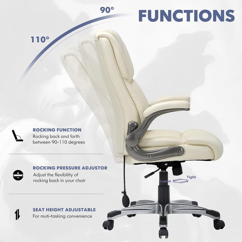 COLAMY High Back Executive Office Chair- Ergonomic Home Computer Desk Leather Chair with Padded Flip-up Arms, Adjustable Tilt Lock, Swivel Rolling Chair for Adult Working Study-Ivory