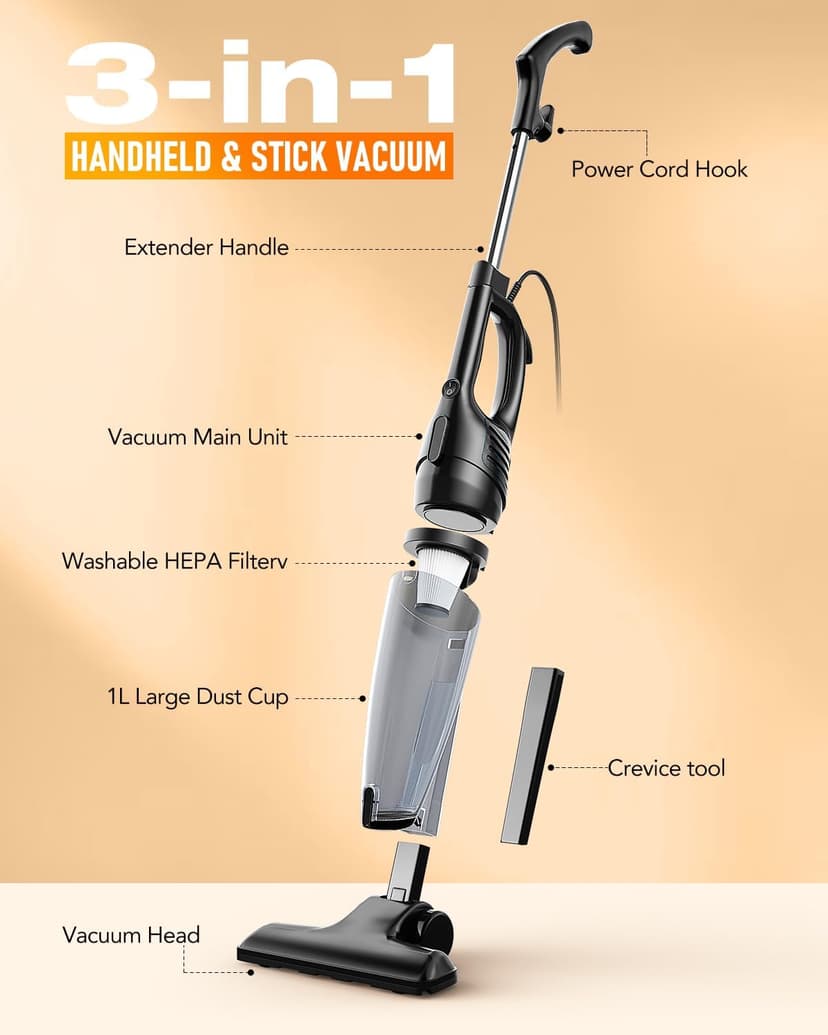 Avvnee Corded Stick Vacuum Cleaner – 15000Pa Strong Suction 600W Motor, Ultra-Light 3 lbs Design for Pet Hair, Hard Floors & Low-Pile Rugs | Includes Crevice Tool, 1L Dust Cup, 16.7ft Cord (Black)