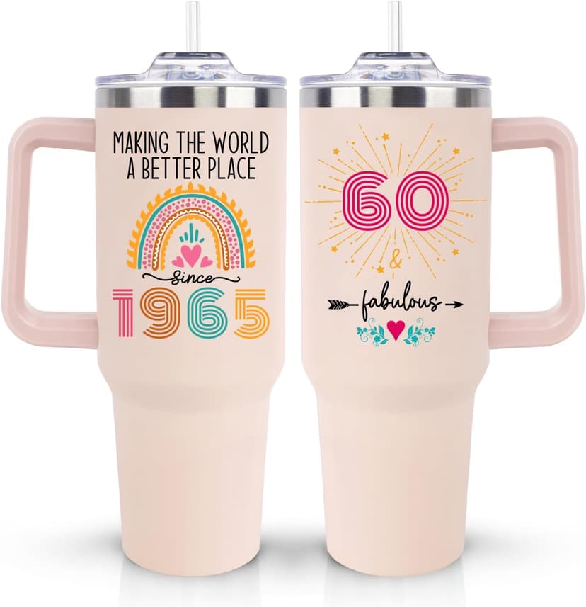 60th Birthday Gifts for Women Her, Cool 1965 60 th Birthday Gifts for Woman Turning 60 Year Old, 60th Birthday Decorations for Women Mom, 60th Birthday Gifts Ideas, 60 and Fabulous 40oz Tumbler Cup