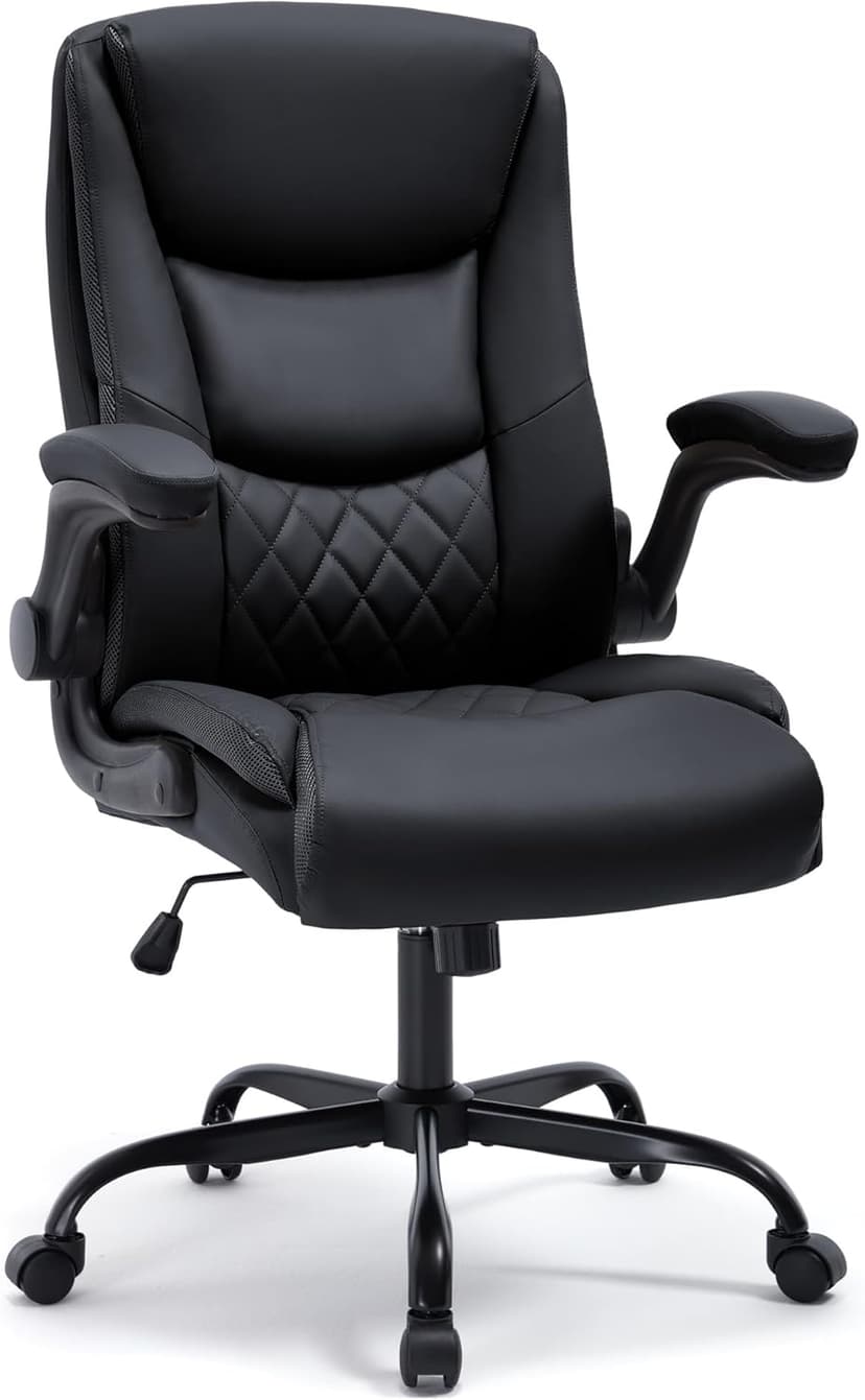 Office Chair, Executive Leather Office Chair with Lumbar Support & Flip-up Armrests, Ergonomic Adjustable High Back Swivel Chair with Rocking Function (Black)