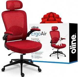 Oline ErgoAir Ergonomic Office Chair – Adjustable Lumbar Support, Flip-Up Armrests, Mesh Computer Desk Chair, Swivel Rolling Executive Gaming Chair for Home & Office (Red)
