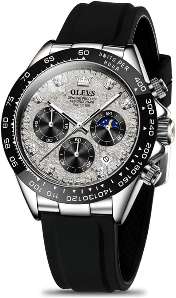 OLEVS Men's Watches Chronograph Multifunction Sport Silicone Luxury Diamond Moon Phase Quartz Male Watch Waterproof Wrist Watch