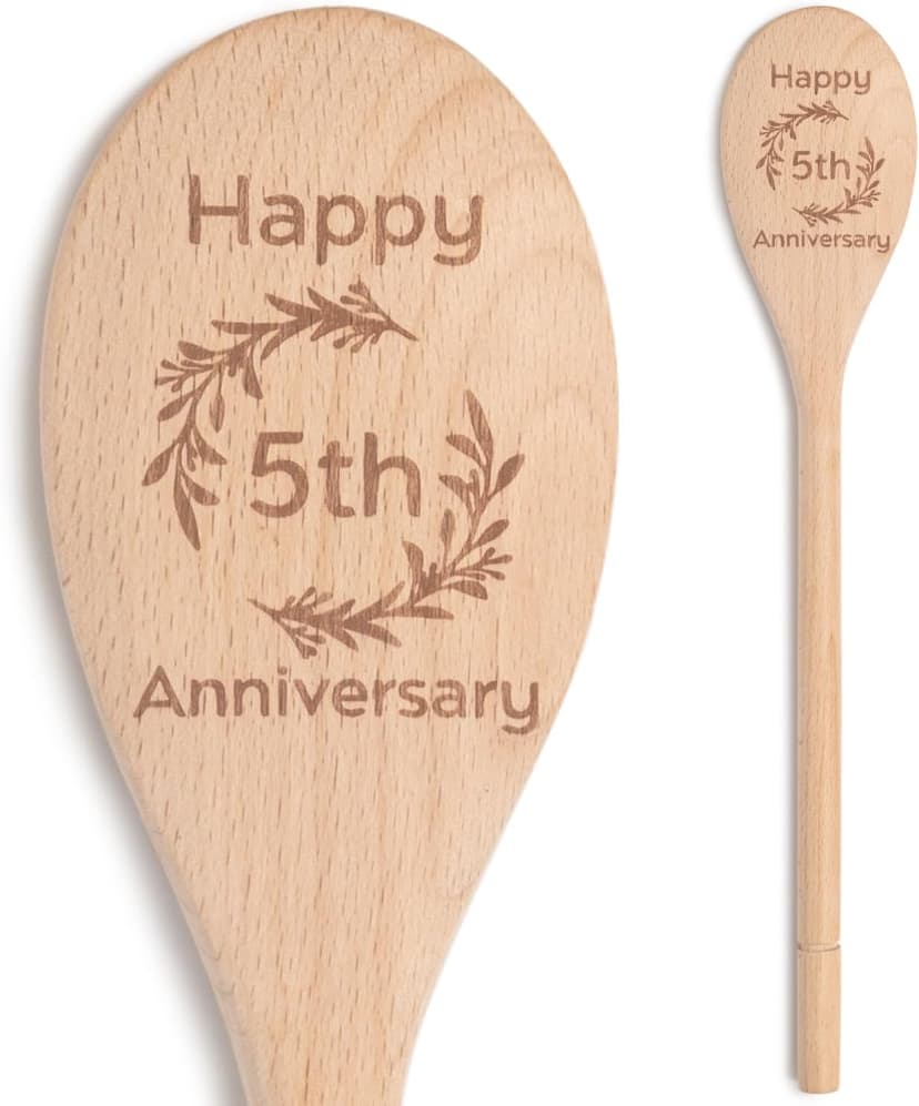 5 Year Anniversary Wood Gifts for Her Him - Happy 5th Wedding Anniversary Spoon Wooden Gifts for Wife Husband Men Couples Marriage, Handmade Engraved Spoon 12×2.2 in