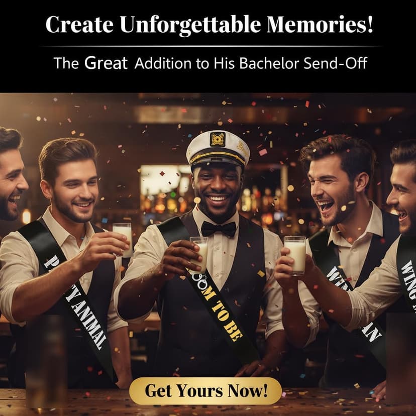 Men's Bachelor Party Decorations Kit with 1 Groom & 6 Groomsmen Belts, Gold Glitter Banner & Captain Hat for Bachelorette Party Supplies & Accessories