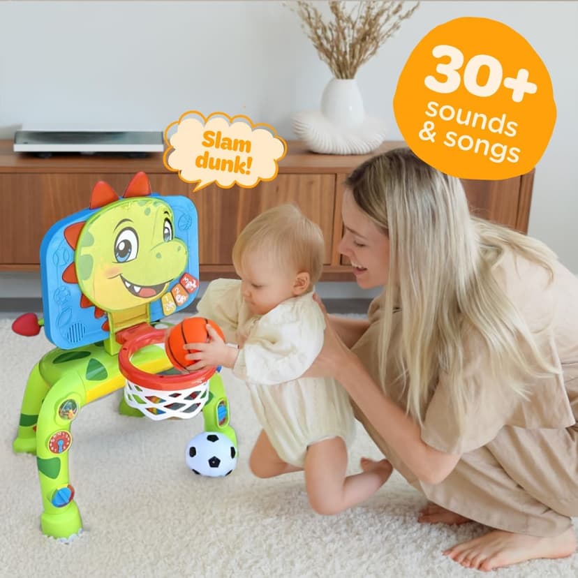 Move2Play, Dinosaur Basketball Hoop & Soccer Goal Activity Center | 30+ Sounds & Songs + 5 Lights | 1 2 3 Year Old for Boys and Girls | Toy & Gift for Baby & Toddlers B0FJSJHNHY