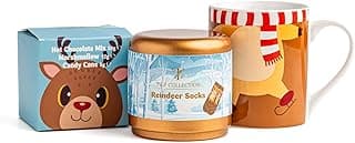 Hot Chocolate Gift Set With Reindeer Mug - Sachets, Mini Marshmallows, Candy Canes and Socks Included