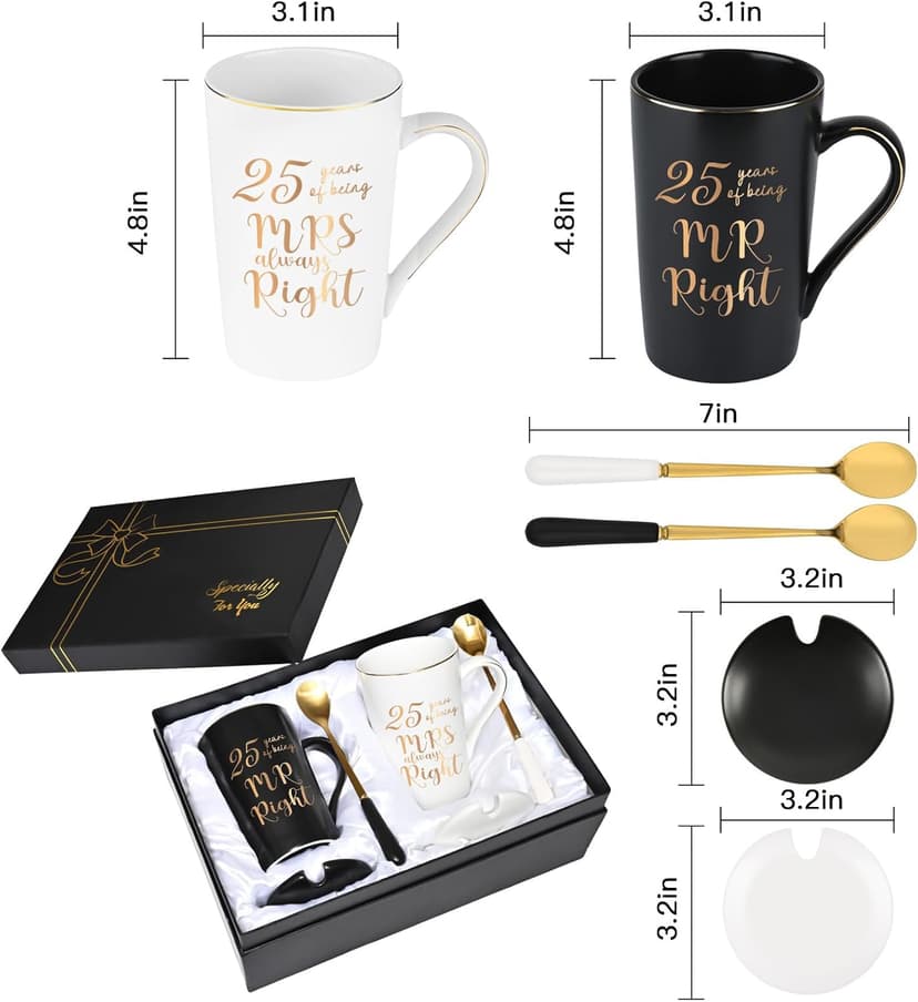 YHRJWN 25th Anniversary Presents, 25th Wedding Anniversary Presents for Couple Parents, 25th Mr Right Mrs Always Right Coffee Mugs, His and Hers Gifts, 14 Oz with Lids, Spoons and Gift Box
