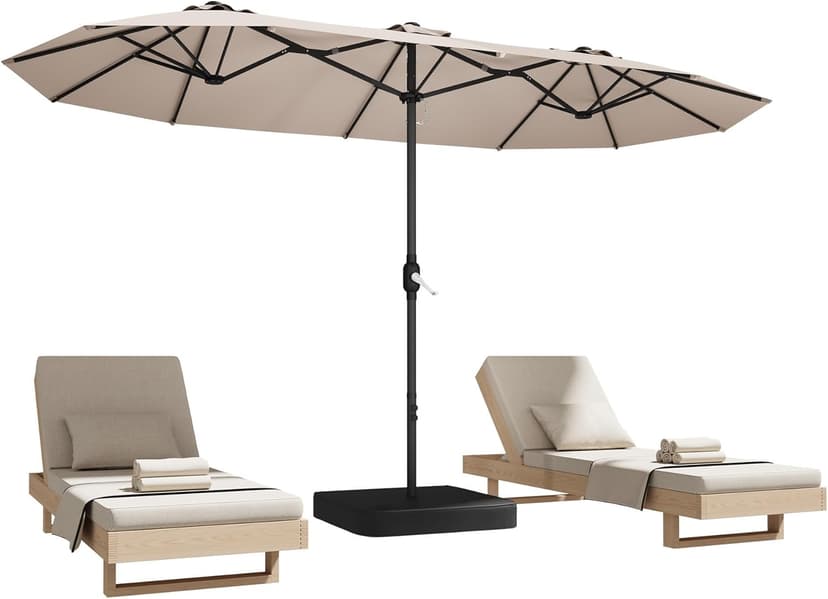 15ft Patio Umbrella with Base,Large Outdoor Double-Sided Rectangle Umbrella with Crank Handle, Market Umbrella for Poolside Garden Deck Backyard Beach Pools, Beige