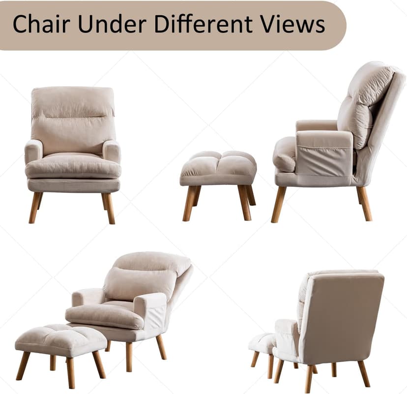 INZOY Accent Chairs with Ottoman Set, Modern Velvet Armchair with Adjustable Backrest, Comfy Lounge Chair for Living Room Bedroom, Beige