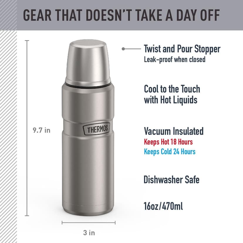 THERMOS Stainless King Vacuum-Insulated Compact Bottle, 16 Ounce, Matte Steel