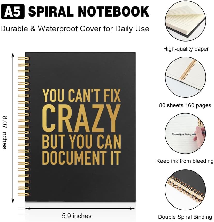 You Can't Fix Crazy But You Can Document It Black Golden Horizontal Lined Spiral Notebook, Funny Spiral Notebook Gifts for Coworker Friend Office Worker Boss Leader, Humor Office Journal B0GJ67JFPN