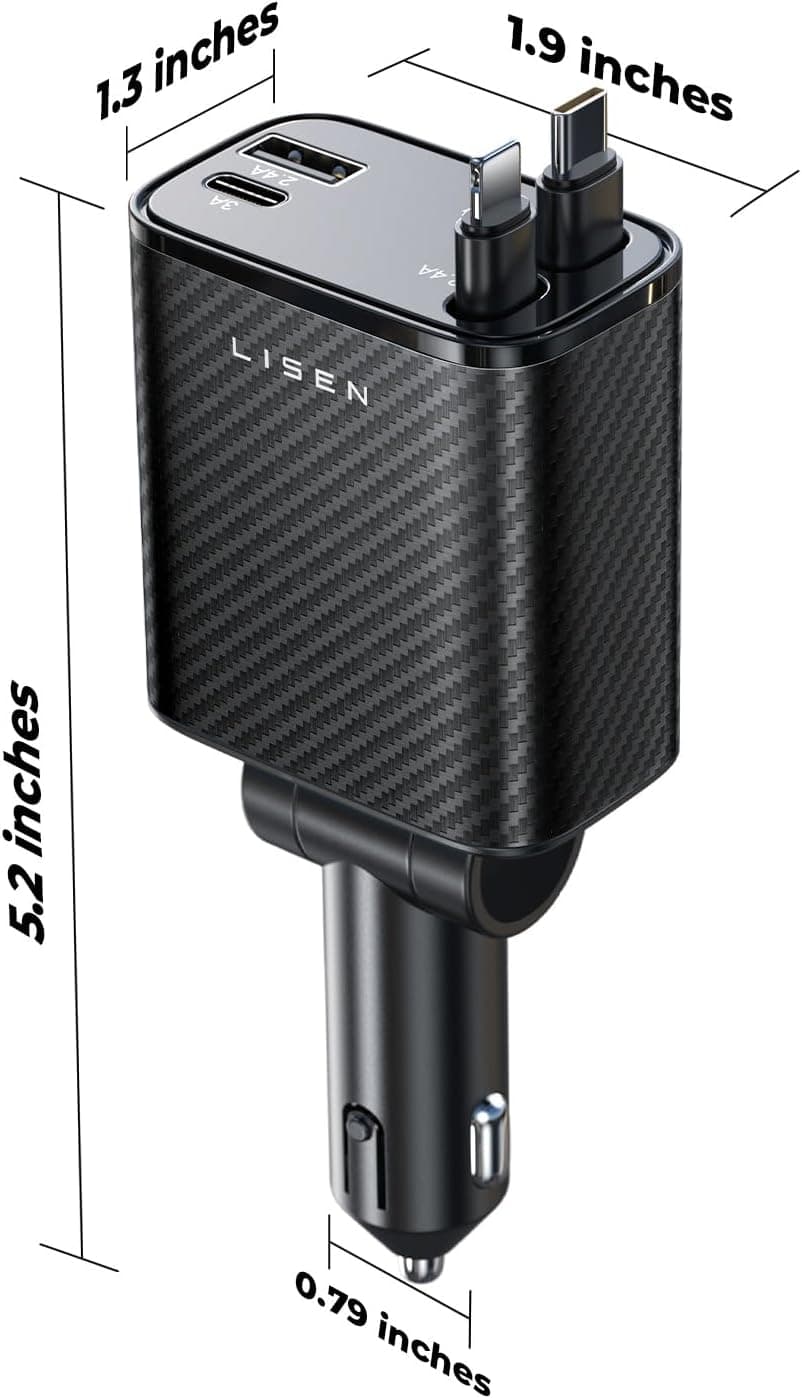 LISEN Retractable Car Charger, 84W Car Charger USB C Fast Charger Adapter, Car Accessories for Men Women, Gifts for Fathers Day for Men Dad Husband, for iPhone 17 16 15 14 13 12 Pro Max, Carbon-Black B0GY4XMHBW