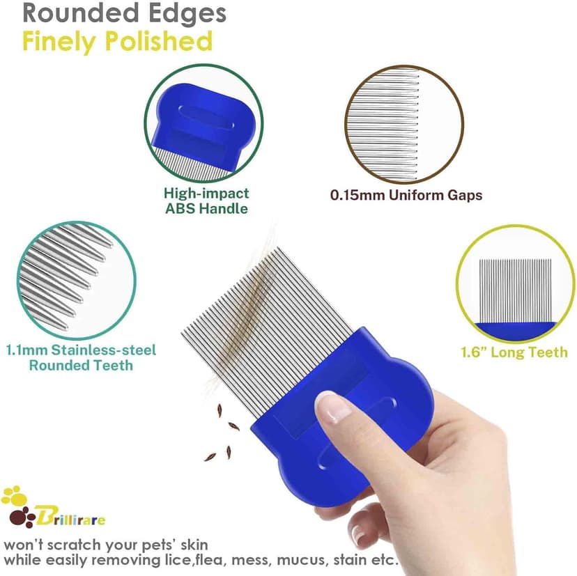 BRILLIRARE 4 Pack Flea Lice Comb, Stainless Steel Dog Cat Grooming Combs with Rounded Teeth, Double Sided Professional Pet Tear Stain Remover, Dematting Tool for Small, Medium & Large Pets