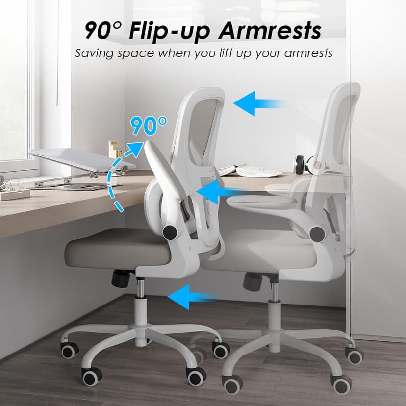Soohow Office Chair, Mesh Ergonomic Office Chair with Lumbar Support, Comfy Computer Desk Chair with Flip Armrest Rolling Wheels for Home Study Room Office, White & Khaki