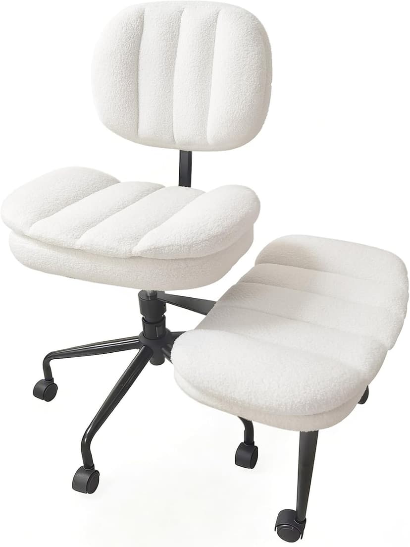 Criss Cross Chair with Footrest, 360° Swivel Faux Shearling Office Chair, Extra Wide Seat with Sofa-Like Comfort, Ergonomic Cross Legged Desk Chair for Cozy Reading, Meditation