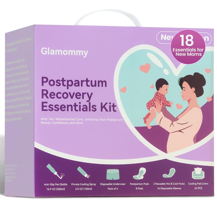 Includes peri bottle, cooling spray, disposable underwear, postpartum pads, hot & cold packs, soothing liners for postpartum Glamommy Postpartum Recovery Essentials Kit, Labor & Delivery Care for Mom B0DSCBNS7L