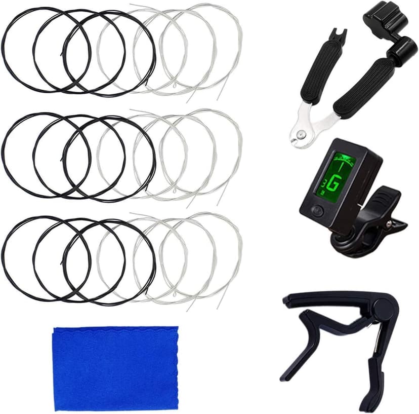 Classical Guitar Strings Nylon Black 3 Full Sets with Tuner, 3 in 1 Restringing Tool, Capo, Cleaning Cloth