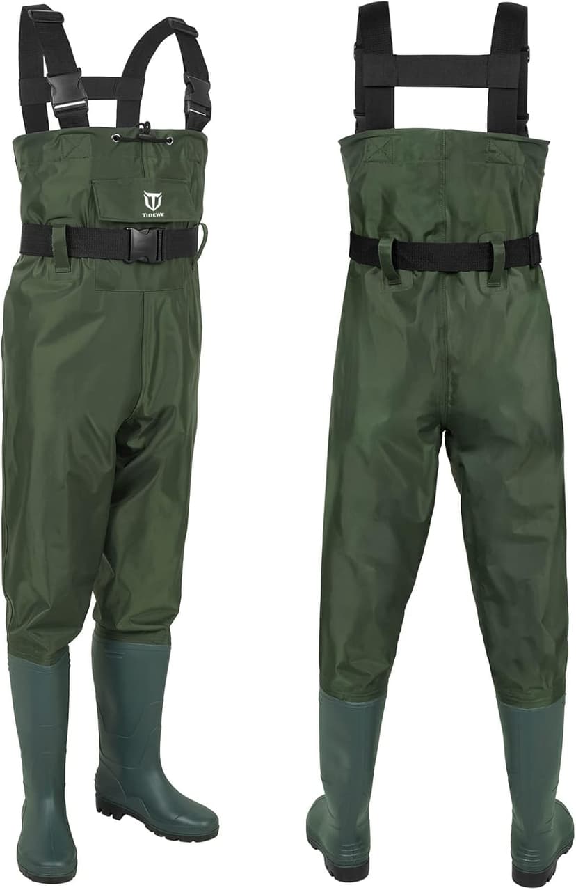 TIDEWE Bootfoot Chest Wader, 2-Ply Nylon/PVC Waterproof Fishing Hunting Waders with Boot Hanger for Men Women Green Brown