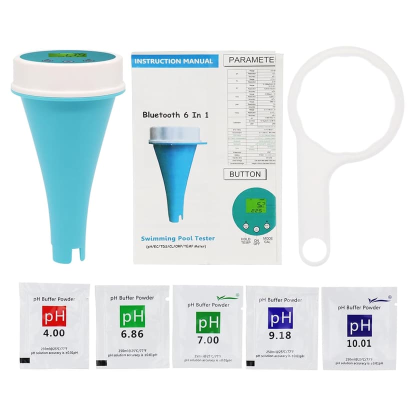 6-in-1 Wireless Water Quality Tester Bluetooth Floating Water Quality Monitor for Pools, Spas, and Hydroponics - pH, EC, ORP, Chlorine, Salinity, and Temperature Measurement