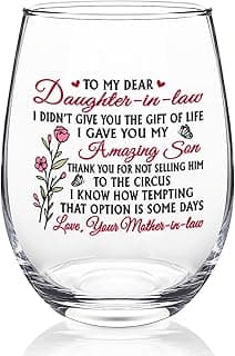Futtumy Funny Daughter in Law Gifts, To My Dear Daughter-in-laws Stemless Wine Glass for Son's Wife, Mothers Day Birthday Christmas Gifts from Mother-In-Laws, 17 oz