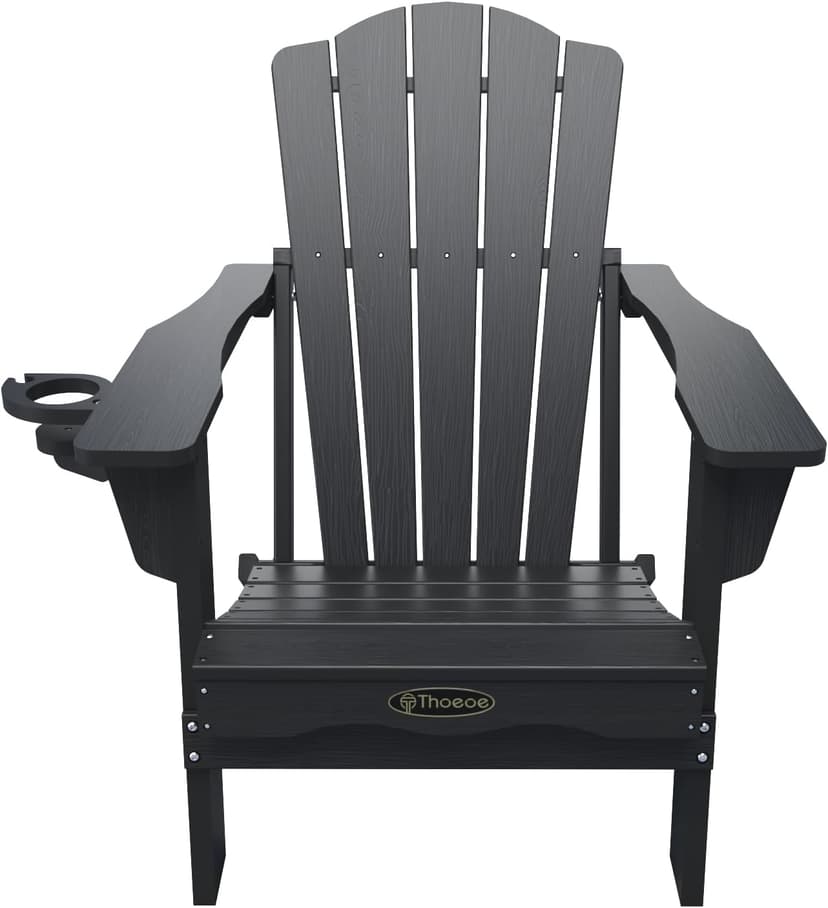 THOEOE Folding Adirondack Chair,HDPE All-Weather Outdoor Chair with Cup Holder,Wooden Textured,Fire Pit Chair,Plastic Patio Chair for Deck,Backyard,Garden,Lawn, Black