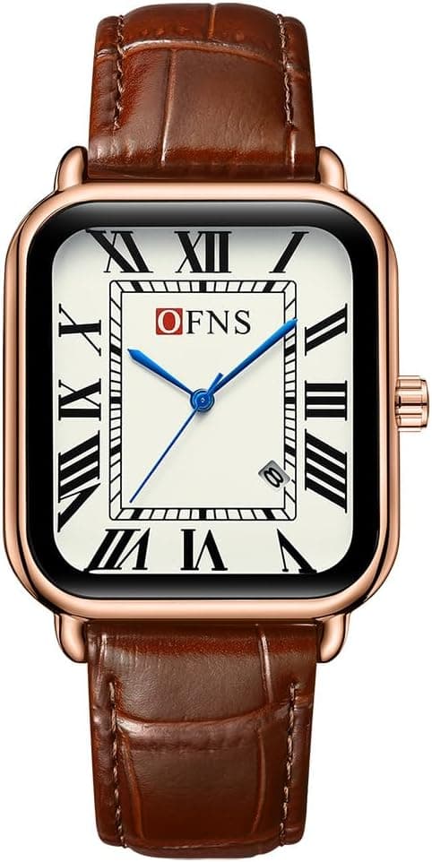 CARLIEN Mens Vintage Dainty Rectangle Square Leather Strap Simple Full Roman Numerals Dial Quartz Watch Gold Silver Tone Case Business Fashion Dress Wristwatch