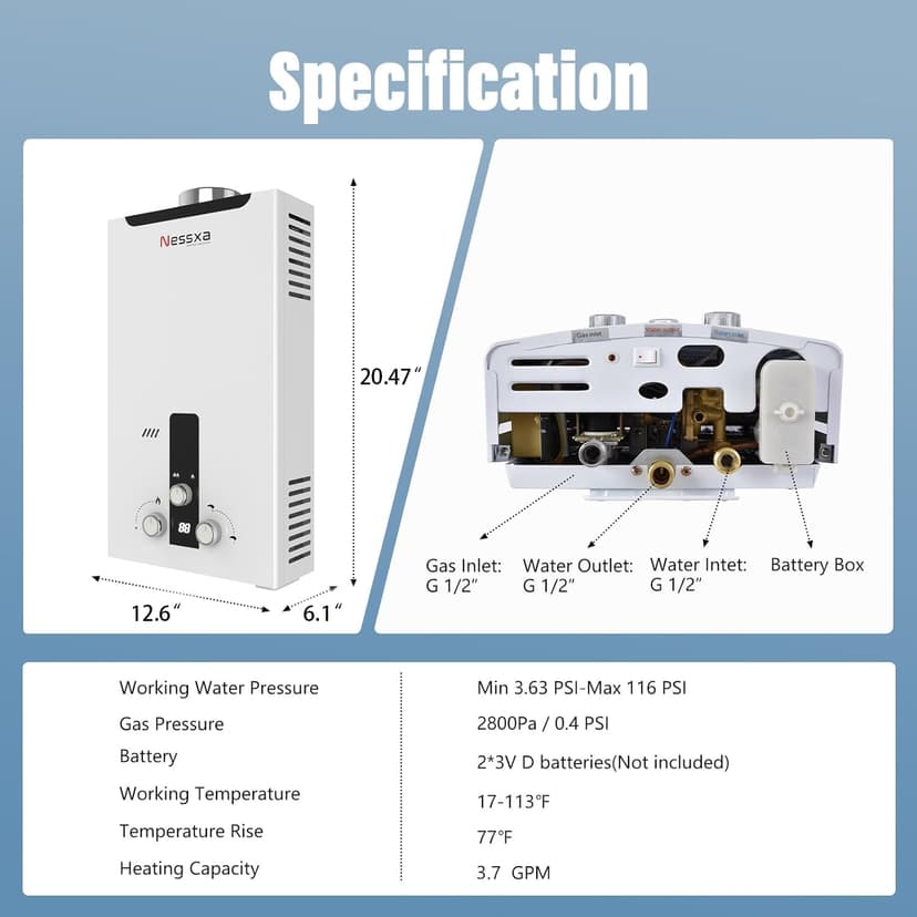 Tankless Water Heater Propane with Digital Display, 3.66 GPM 14L Portable Instant Hot Gas Water Heater with Overheating Protection for Indoor and Camping,85300 BTU