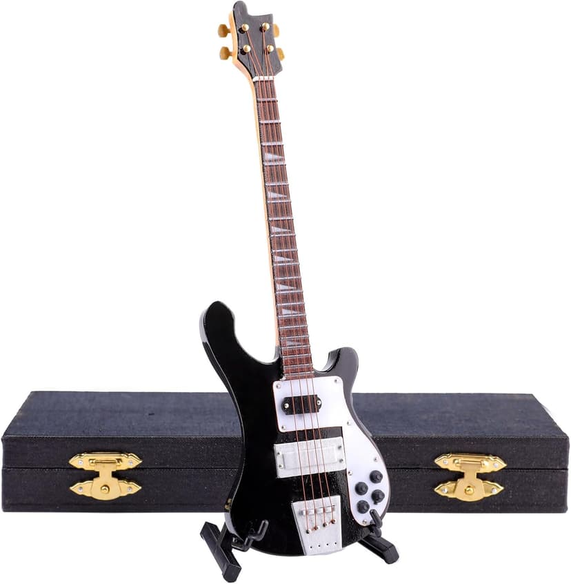Dselvgvu Wooden Miniature Electric Bass Guitar with Stand and Case Mini Musical Instrument Electric Bass Guitar Replica Collectible Figurines Model Home Decoration Birthday Gifts (7.87"x2.36"x0.35")