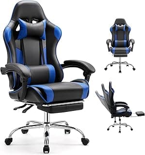 DUMOS Ergonomic Gaming Office Desk Chair with Linkage Armrests for Adults, Height Adjustable Computer Chair with Footrest and Headrest, PU Leather 360° Swivel Recliner with Lumbar Support, Deep Blue