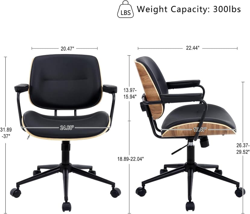 BV BONNE VIE Mid Century Walnut Office Chair with Arms, Adjustable Swivel Desk Chair, Leather Computer Chair with Rolling Wheels for Home Office or Study Room, Black