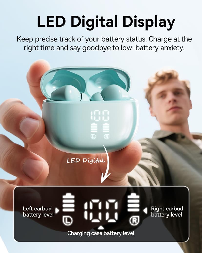 Wireless Earbuds, Bluetooth Ear Buds Headphones, 40H Long Playtime, Stereo Deep Bass, LED Power Display, IPX7, Lightweight in Ear Earphone with Mic for iPhone Android Phone