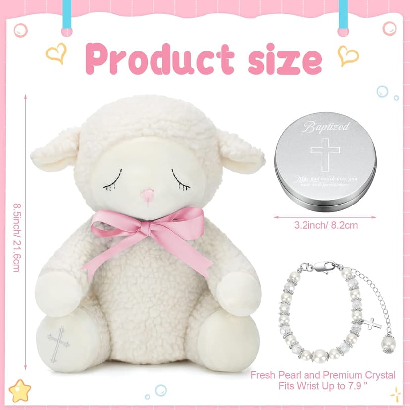 Haull 5 Pcs Christening Baptism Gifts Charms for Girls Granddaughter/Daughter Include 8.5 Inch Plush Lamb Toy Doll Pray Card with Gift Box Baptism Pearls Bracelet with Keepsake Box for Baby Shower