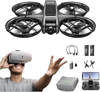 VR FPV Drone, Experience First-Person View Flight, Comes With a VR Goggle Kit and Remote Controller. The Drone Features a Full Propeller Protection Guard and Collision-Resistant Structure, Making It Easy to Operate and Perfect for Beginners. Equipped With an Optical Flow Positioning System and Brushless Motors for Smoother and More Precise Flight. FPV Quadcopter for Entertainment or as a High-Performance Remote Control Helicopter.
