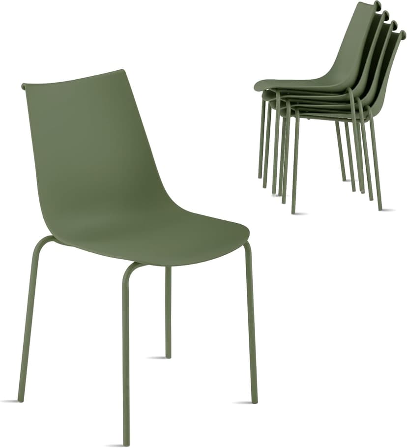 KISLOT Dining Chairs Set of 4, Plastic Outdoor Dining Room Chairs with Metal Legs, PP Anti-UV Stackable Patio Chairs with Ergonomic Back & Curved Seat for Kitchen Swimming Pool, Easy Assembly, Green