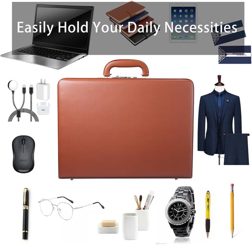 Large Business Briefcase for Men - Hard Case PU Leather Attache with Lock ,Expanding Business Briefcase Bag for Professionals