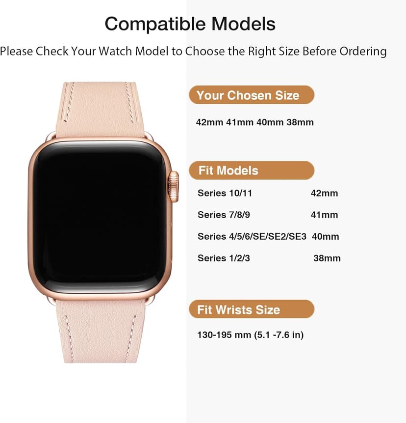 MNBVCXZ Leather Bands Compatible with Apple Watch Band Women, Womens Genuine Replacement Strap for iWatch Series 11 10 9 8 7 6 5 4 3 2 1 SE 3 SE 2 SE (42mm 41mm 40mm 38mm, Pink Sand/Rose Gold)