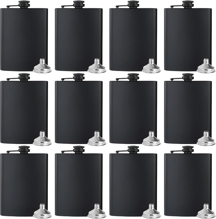 BALABALA Hip Flasks for Liquor for Men Women 12 pcs 8Oz Matte Black Stainless Steel Flask with 12 pcs Funnels for Wedding Party Groomsman Bridesmaid Birthdays Gift